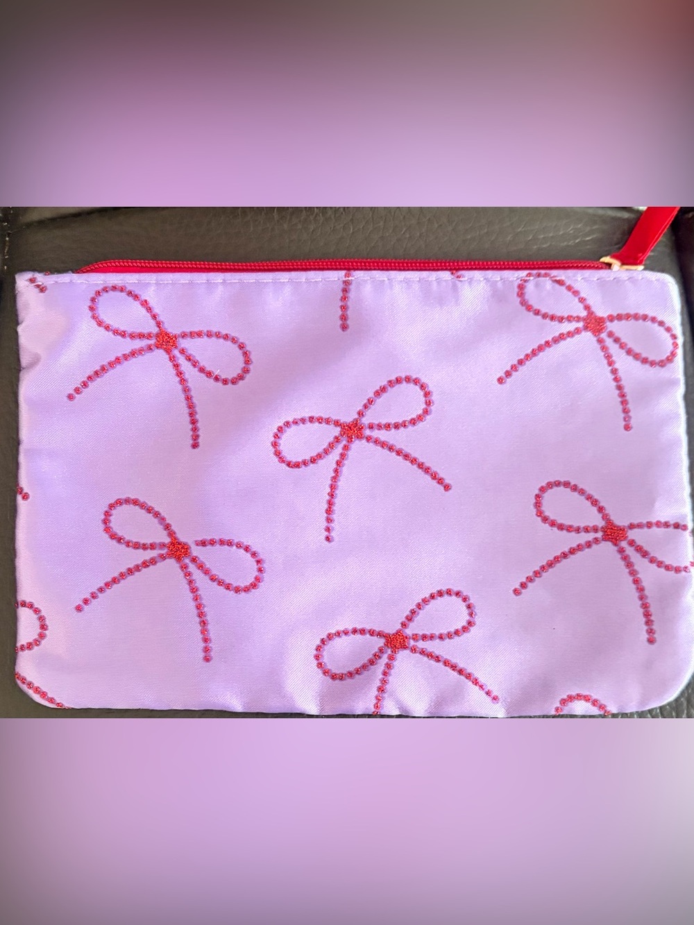 Pink Satin Pouch with Red Beaded Bow Motif